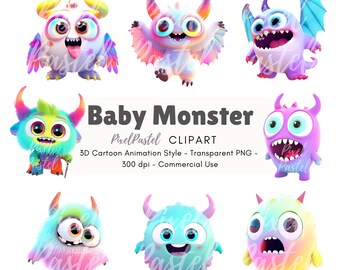 Baby Monsters Clip Art | Fantasy Cute Monsters | Pop Party Invitation Art 3D Cartoon Animation Style | Commercial Use | Transparent PNG