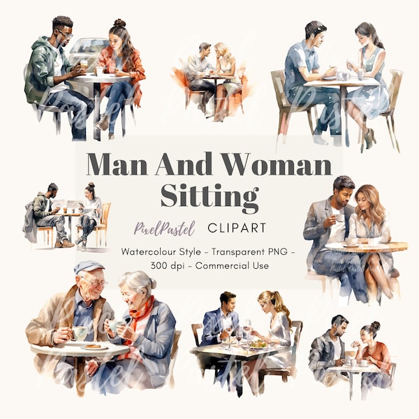 Man And Woman Sitting Clipart | Watercolour PNG | People Clipart | Couple | Transparent Background | Commercial Use | Instant Download