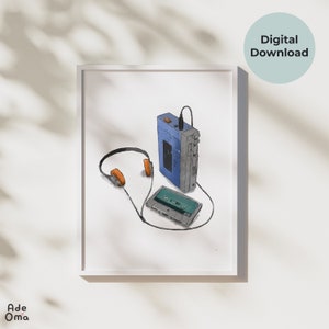 Reproductor de casete portátil imprimible pared arte impresión digital descargar regalos retro decoración de pared regalos vintage para amante de la música músico vieja escuela
