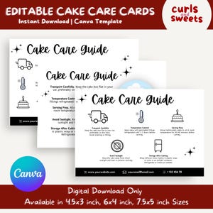 Editable Cake Care Card | Minimalist Cake Care Card Template | Etsy Shop Bakery Business Forms | Small Business Forms