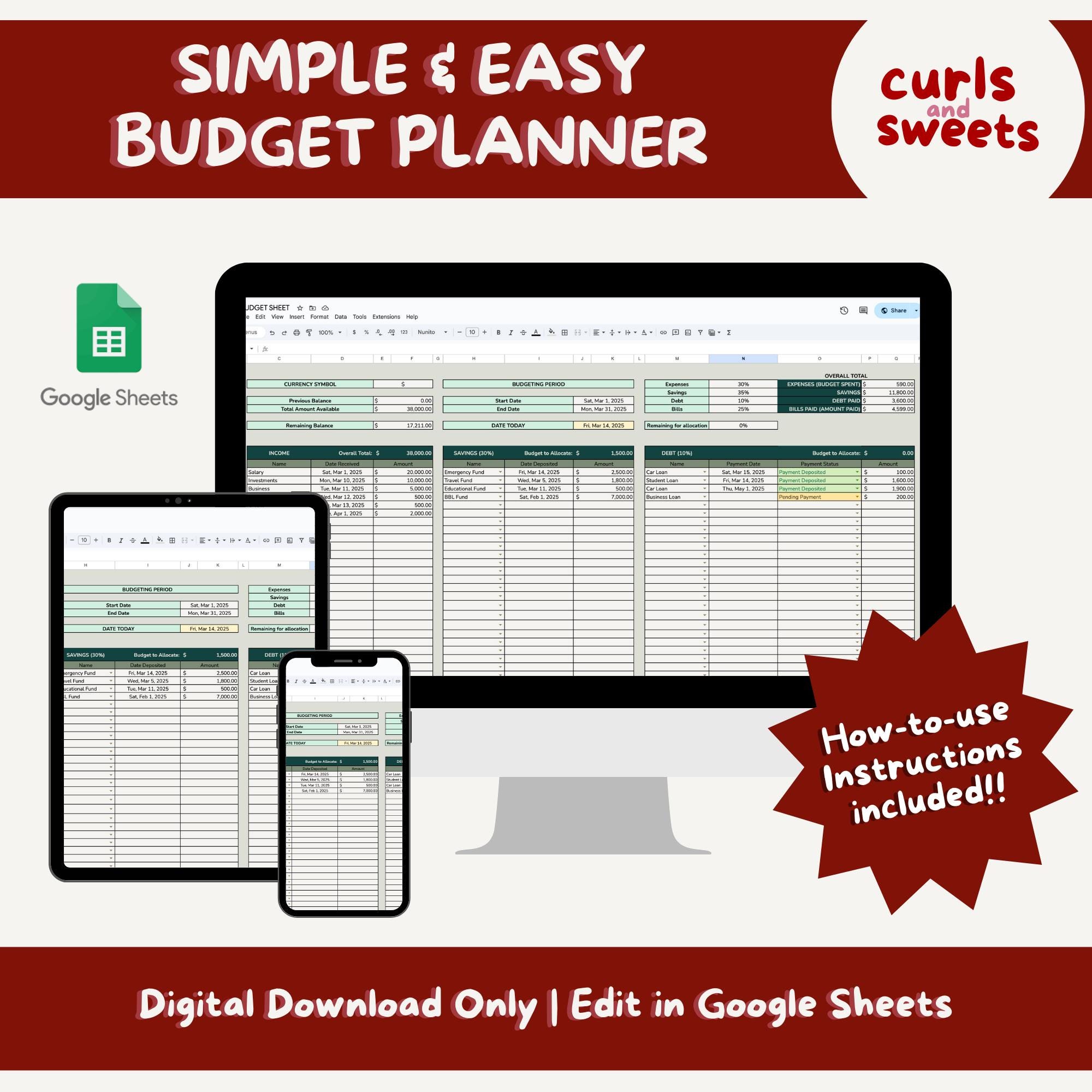 Google Sheets Budget Planner: Easy Expense & Savings Tracker (digital ...