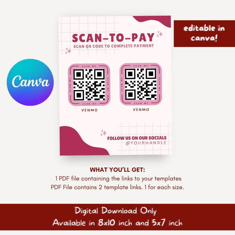 Editable Qr Permit Scan Pink Scan to Pay Sign: Editable QR Code Canva Template (digital ...