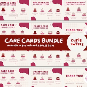 Editable Bakery Care Cards Bundle, Cake Care Card, Cookie Care Card, Macaron Care Card, Sourdough Care Card, Thank you Card Instant Download