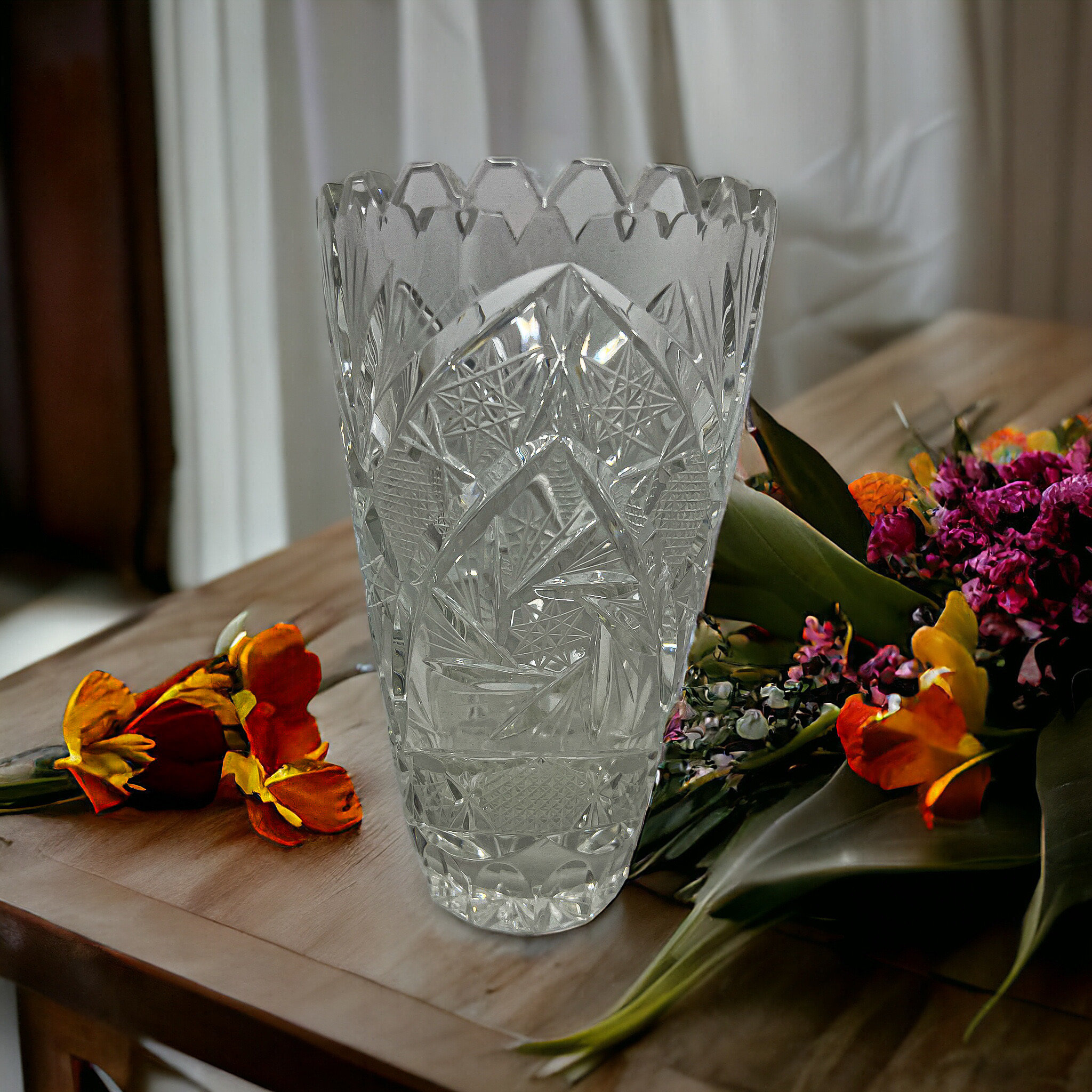 Vintage Crystal Vase with Star Pattern - Retro Glass Flower Vase - Saw Tooth Design - Table Centerpiece - HouseWarming Gift