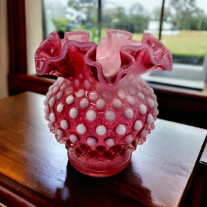 Vintage 1960 Fenton Vase - Hobnail Ruffle Cranberry Opalescent - Anniversary Gift for Her - Home Shelf Pink Decor - 4”H