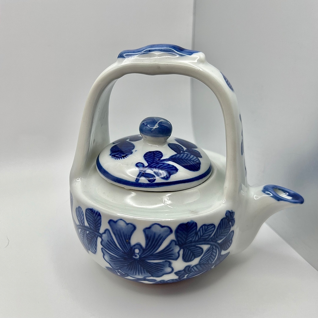 Vintage Chinese Porcelain Teapot Handpainted Blue and White Florals