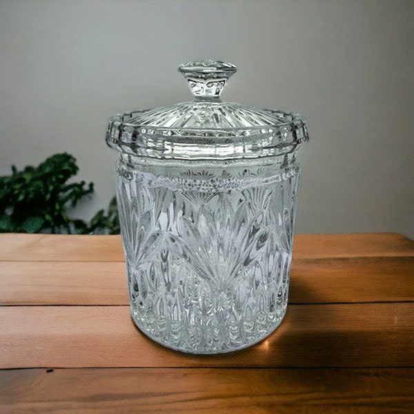 Vintage Crystal Biscuit Jar or Glass Candy Jar with Lid - Heavy Thick Glass - Made In Germany - 6" tall - Shelf Home Decor