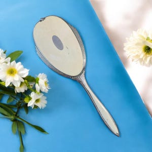 Vintage Antique Silver Plated Evans Hand Mirror with Ornate Design - Off White and Silver Vanity Mirror - Dressing Room Decor - Heirloom