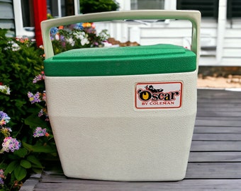 Vintage Oscar Green and White Coleman 5274 -  16 quart Camping Fishing Beach Tailgating Cooler Unique Gift for Him - Outdoor Gift Idea