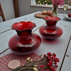 Może przedstawiać: Dwa rubinowoczerwone szklane wazony z falbankami. Wazony mają zaokrąglony korpus i ciemną obwódkę. Wazony stoją na jasnoniebieskim drewnianym stole. Czerwona, tkana podkładka i gałązka czerwonych jagód znajdują się na pierwszym planie.