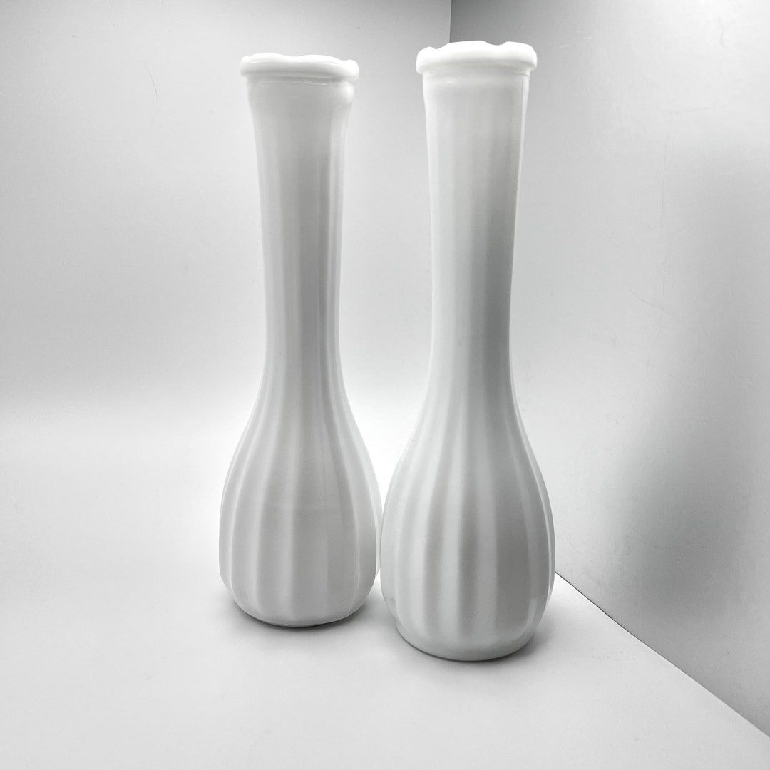 Antique Milk Glass Vase Pair Vertical Lines Top to Bottom Vintage