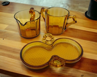 Gorgeous Vintage Amber Glass Sugar Bowl Creamer with Tray - Shabby Chic Cottagecore - Art Deco Condiment Set - Unique Gift for Her