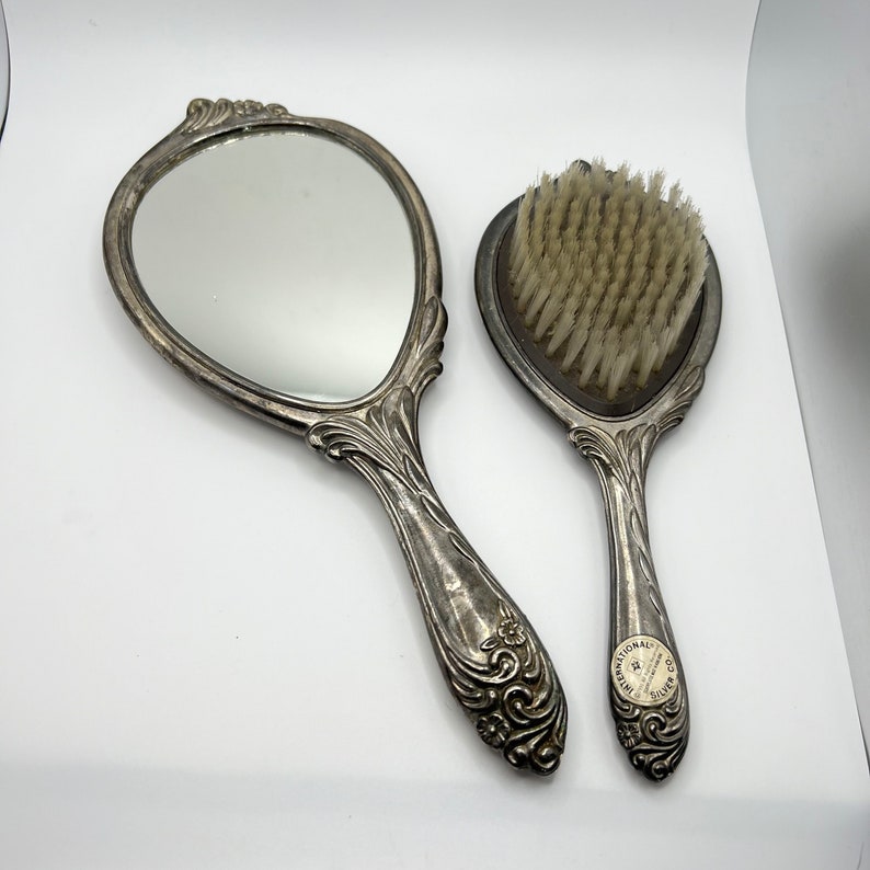 Vintage Antique Silver Plated Hand Mirror and Hairbrush Set Exquisite