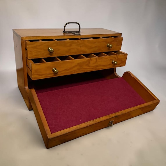 Vintage Wooden Machinist Tool Chest, Handmade Watchmakers Cabinet, Felt Lined Drawers, Brass Knobs, Rustic Jewelry Box Storage Rustic Decor
