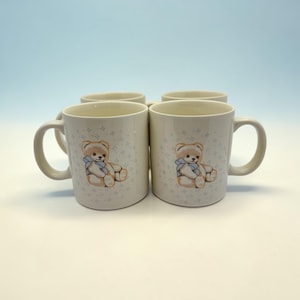 Vintage Tienshan Theodore Bear Coffee Mugs Set of 4 – Country Teddy Bear Stoneware Cups – Baby Shower Nursery Decor - Housewarming Gift