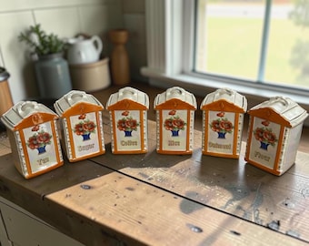 Vintage Mepoco Ware Duitse Lusterware Keukenbus Opalescent Oranje Keramische Bijkeuken Opbergpot Set Thee Suiker Koffie Rijst Havermout Meel