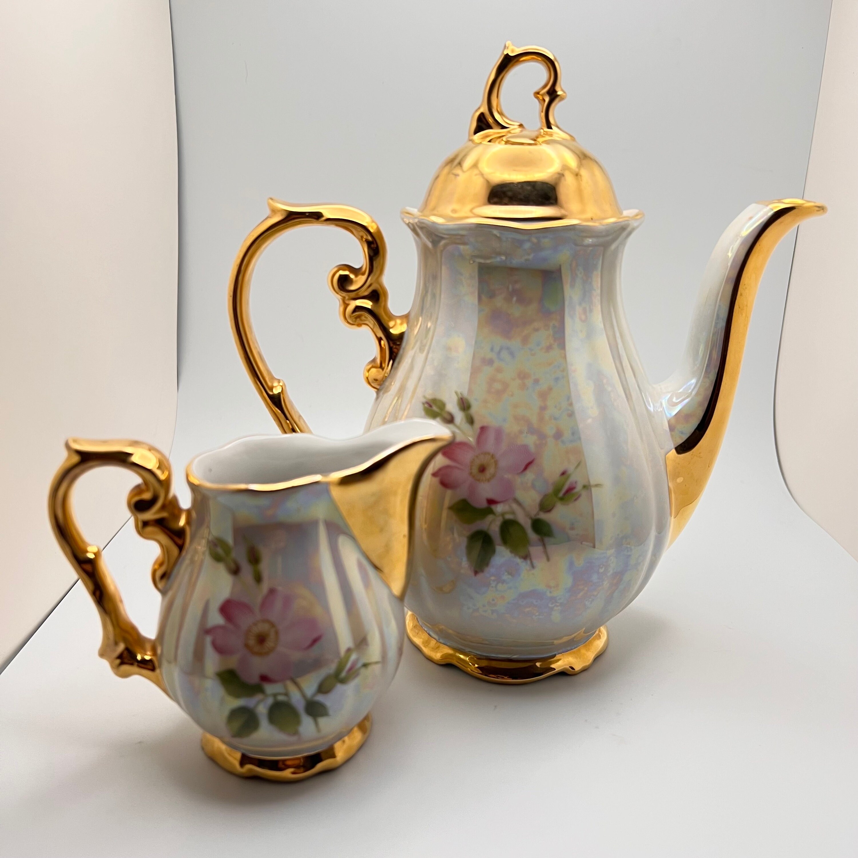 Vintage Bavarian Tea Set – Porcelain Teapot & Creamer – Pink Wild Roses ...