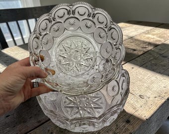 Vintage L.E. Smith Moon and Stars Clear Glass Compote - Large Footed Fruit Bowl Centerpiece- Collectible Mid Century Glassware - Home Gift