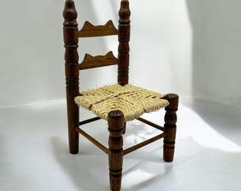 Vintage Mini Wooden Chair with Woven Rope Seat – Rustic Ladder Back Doll Furniture – Plant Stand or Stuffed Animal Display - Housewarming