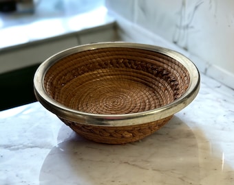 Vintage Large Pine needle Basket With Metal Rim - Round Woven Bowl - Beautiful Condition - Home Storage - Unique Gift for Her