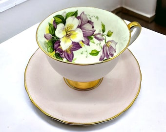 Vintage Teacup and Saucer Set - Charming Pink and Purple Floral Vintage Tea Cup - Windsor Bone China - Gold Accents - Unique gift Idea