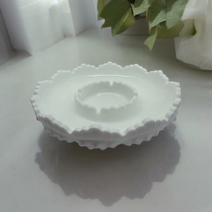 Vintage Fenton Milk Glass Hobnail Ashtray Tray 8” White Sawtooth Edge Dish – Retro Cannabis Ashtray or Snack Server – Cottagecore Home Gift
