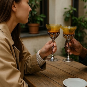 Vintage Cambridge Farberware-wijnglazen – set van 2 zilverkleurige bekers met metalen steel – Amber glaswerk bargerei uit het midden van de eeuw – housewarming