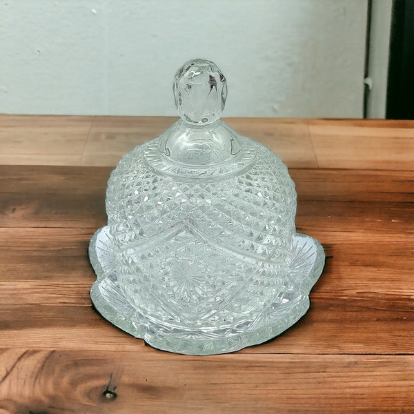 Antique Round Crystal Covered Butter Dish - Avon Fostoria Domed Pressed Glass  - Mid Century Tableware Serving Pieces Unique Gift for Her