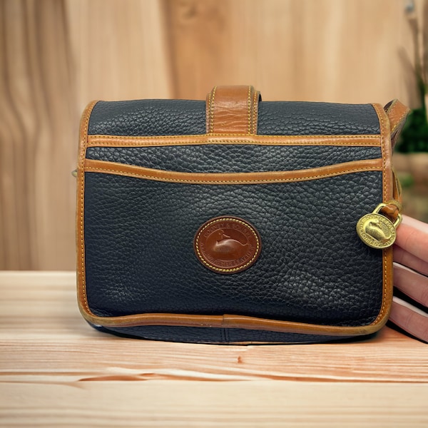 Vintage Dooney and Bourke Leather Handbag - Black and Camel Colored Retro Crossbody Bag Equestrian Style - Gift Idea