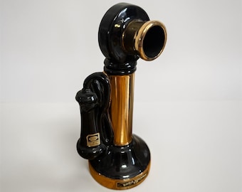 Vintage 1971 Ezra Brooks Candlestick Telephone Decanter  Black 24K Gold Heritage China Whiskey Bottle  Mid Century Barware Collectible Gift