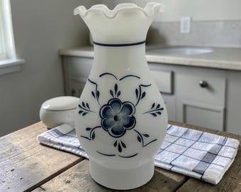 Vintage Milk Glass Hurricane Shade – Blue Floral Design – Ruffled Edge Lamp Shade – Cottagecore Lighting – Replacement Lighting Glass Shade