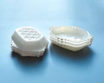 Vintage Milk Glass Dishes - Hobnail Pattern Anchor Hocking White Bowl Beaded Ribbed Quilted - Vanity Decor Jewelry Dish - SET OF 6