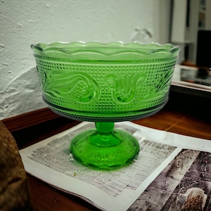 Vintage Compote Green Glass Pedestal Dish - E.O. Brody  Scroll Design - Retro Kitchenware Parfait or Candy Dish - 1970s green Home Decor