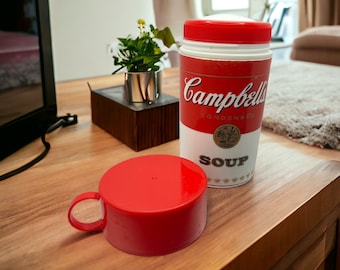 Campbell's isolerad sopptermosbehållare - 340 g plastmugg med kopp - 2010 vintage barnmatlåda och resetermos - Retro present