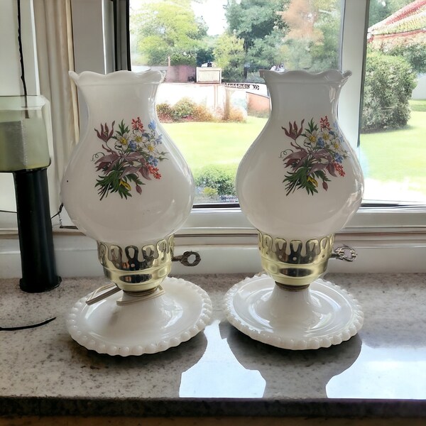 Vintage Milk Glass Electric Hurricane Table Lamp - Set of Two - Spring Decor - Pastel Pink Purple Blue Flower Floral Design