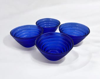 Vintage Cobalt Blue Glass Bowls – Blenko Beehive Pattern – Depression Style Glassware – Retro Hosting Decor Housewarming Gift Set of 4 (5”)