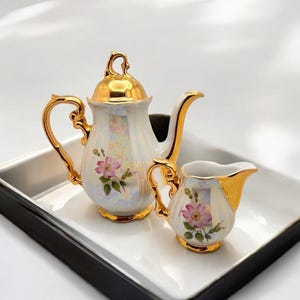 Vintage Bavarian Porcelain Teapot & Creamer Set – Pink Wild Roses Floral – Iridescent Gold Trim Tea Set – Tea Decor Housewarming Gift