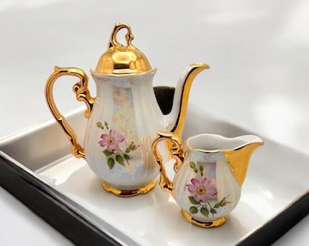 Vintage Bavarian Porcelain Teapot & Creamer Set – Pink Wild Roses Floral – Iridescent Gold Trim Tea Set – Tea Decor Housewarming Gift