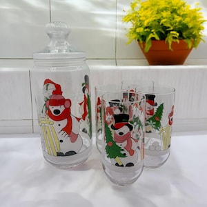 Vintage Snowman Cookie Jar & Matching Glasses Set of 5 – Colorful Christmas Kitchen Decor – Festive Candy Jar with Lid + 4 Snowman Tumblers