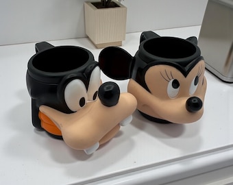 Vintage Mug Set - 1990 Disney Goofy & Minnie Characters – 3D Sculpted Face Cups – Collectible Disney Gift - Retro Kitchen Decor