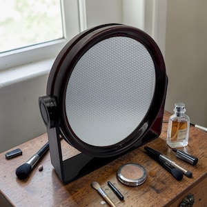 May include: A circular, dark brown vanity mirror with a textured surface, positioned on a wooden table. Makeup brushes, compact powder, perfume, and other beauty products are arranged around the mirror, suggesting a beauty or grooming theme.