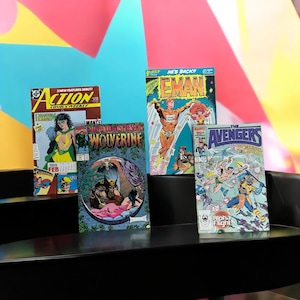 Vintage Comic Book Lot – Action Comics Weekly, Wolverine, E-Man, Avengers Alpha Flight – 1980s Collectible Comics – Retro Superhero Art
