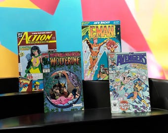 Vintage serietidningslott – Action Comics Weekly, Wolverine, E-Man, Avengers Alpha Flight – Samlarserier från 1980-talet – Retro superhjältepresent