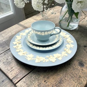 May include: A light blue ceramic tea set consisting of a teacup, a saucer, and a large dinner plate. Each piece features a raised white relief pattern of grapevines and leaves encircling the rim, creating a cohesive and detailed decorative set.