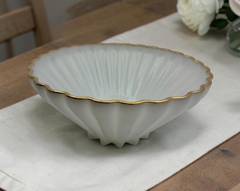 Vintage Anchor Hocking Milk Glass Fruit Bowl, Large Gold Trim Scalloped Centerpiece, Housewarming Gift Mid Century Modern Serving Dish