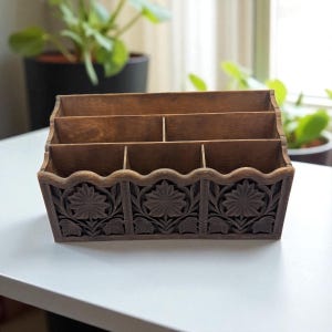 Vintage Lerner Carved Faux Wood Letter Holder – Mail Organizer & Desk Storage Caddy – Retro Floral Office Décor – Mid-Century Organizer