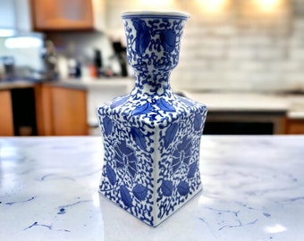 Antique Blue and White Porcelain Vase - Asian Inspired Pattern - Flowers Leaves Geometric Pattern - Housewarming Gift - Bella Casa By Ganz