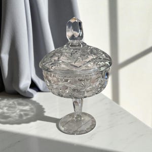 Vintage American Cut Crystal Candy Dish with Lid – Hobstar & Fan Pattern 9.5” Tall – Footed Bowl – Pressed Glass – Mid Century Table Decor