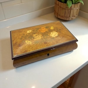 Vintage Reuge Swiss Music Box - Floral Inlay Wood Jewelry Box - Plays “Vienna Life” - Marquetry Box - Made in Switzerland - No Key - Gift