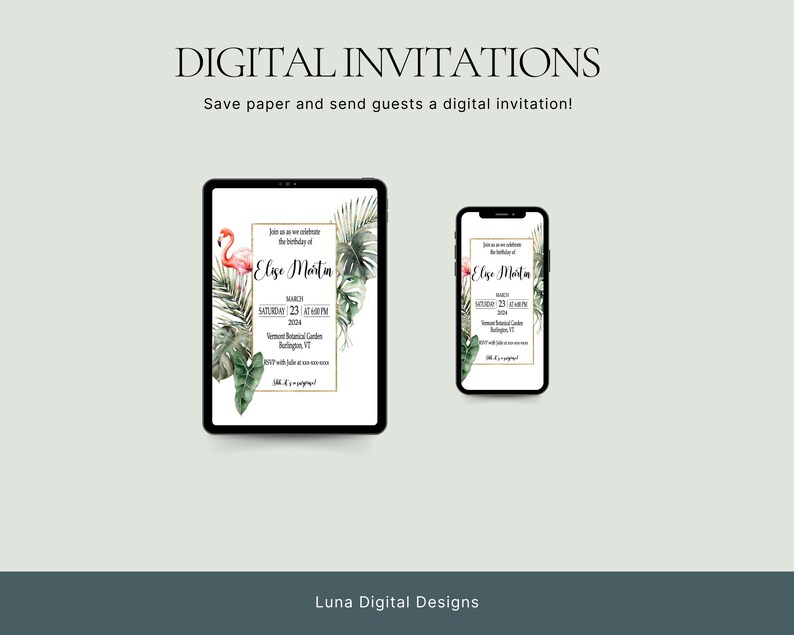 Tropical Leaves Birthday Invitation, Customizable Digital Invitation, Digital Template image 5